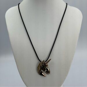 Vintage Costume Gold Tone Unicorn with Clear and Green Rhinestones On Black Cord